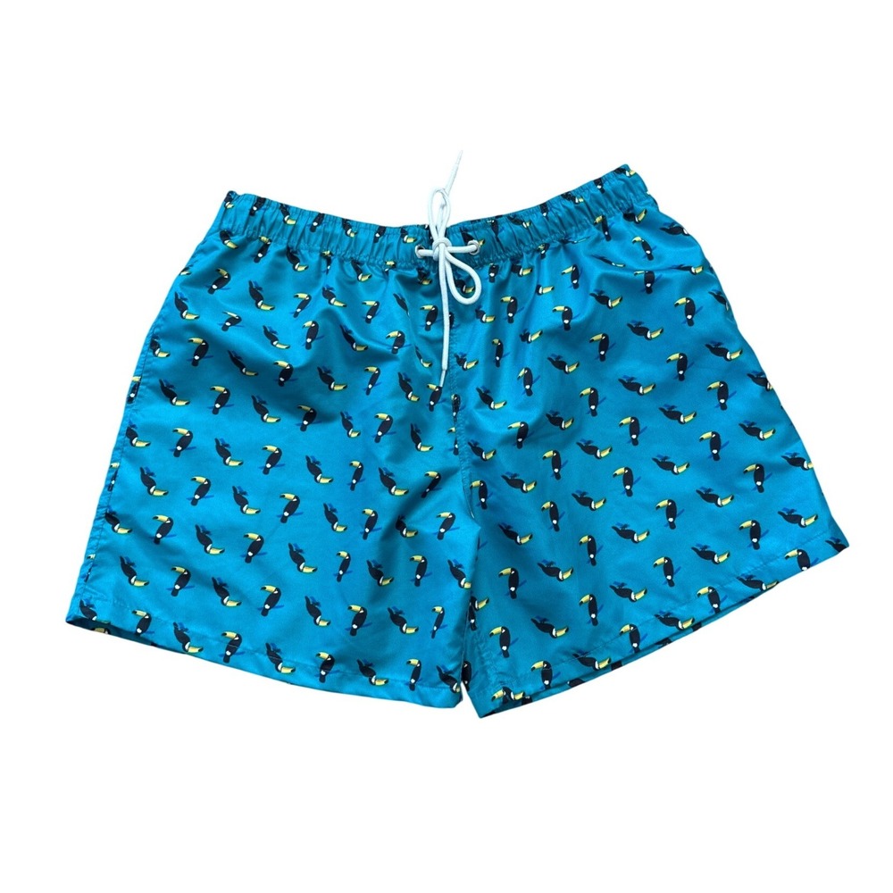 Swim Trunks Mens Teal Toucan Print Excellent Drawstring‎ SIZE Large